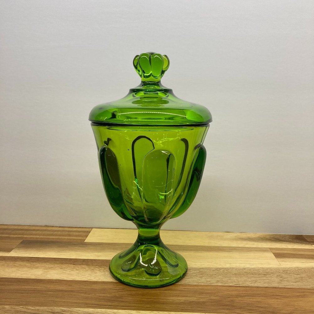 Vintage 1960s Avocado Green Viking Glass Epic Line #6812 Six-Petal Covered Bowl